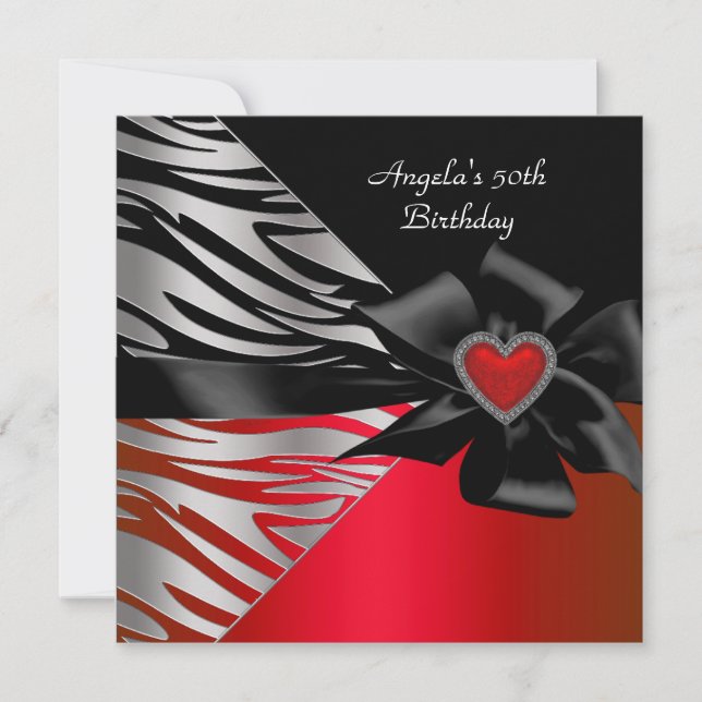 Invitación Fiesta de cumpleaños 50 Red Silver Cebra Negro Bla (Anverso)
