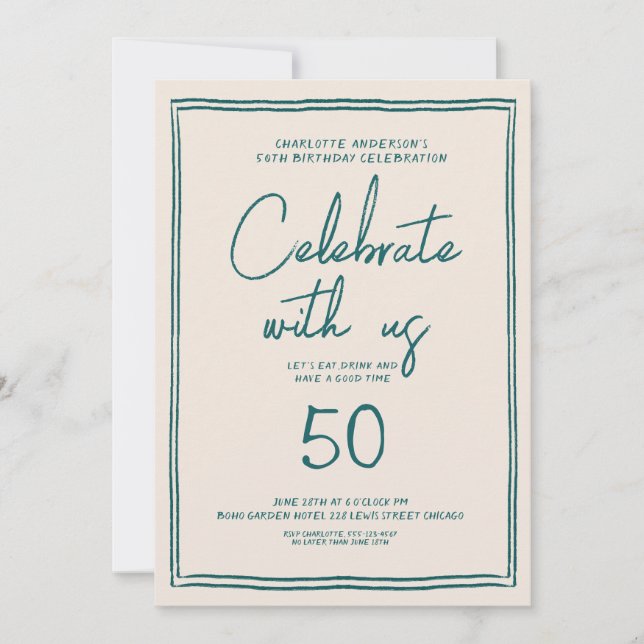 Invitación Fiesta de cumpleaños 50 Retro de escritura a mano (Anverso)