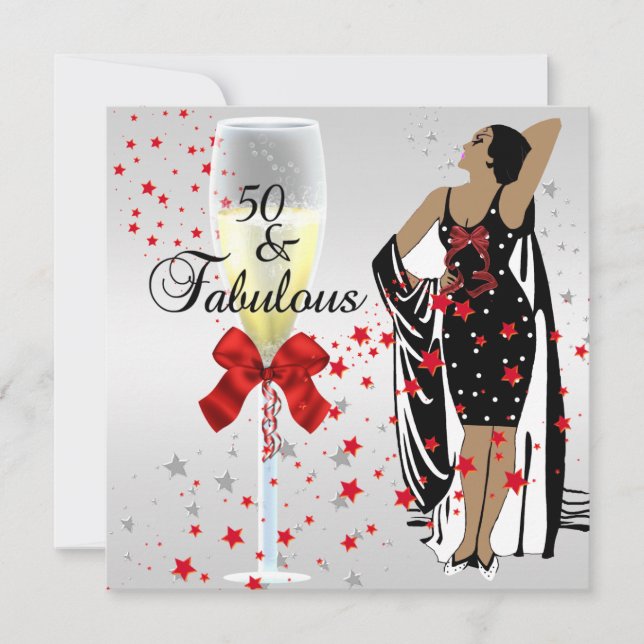 Invitación Fiesta de cumpleaños 50 Retro Diva Art deco Rojo B (Anverso)