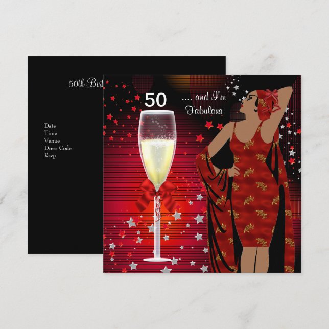 Invitación Fiesta de cumpleaños 50 Retro Diva Art deco Rojo B (Anverso / Reverso)