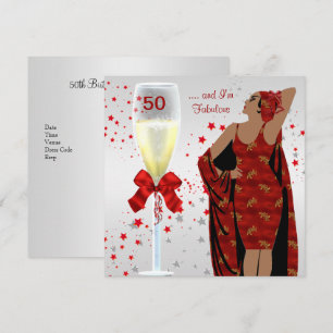 Invitación Fiesta de cumpleaños 50 Retro Diva Art deco Rojo B