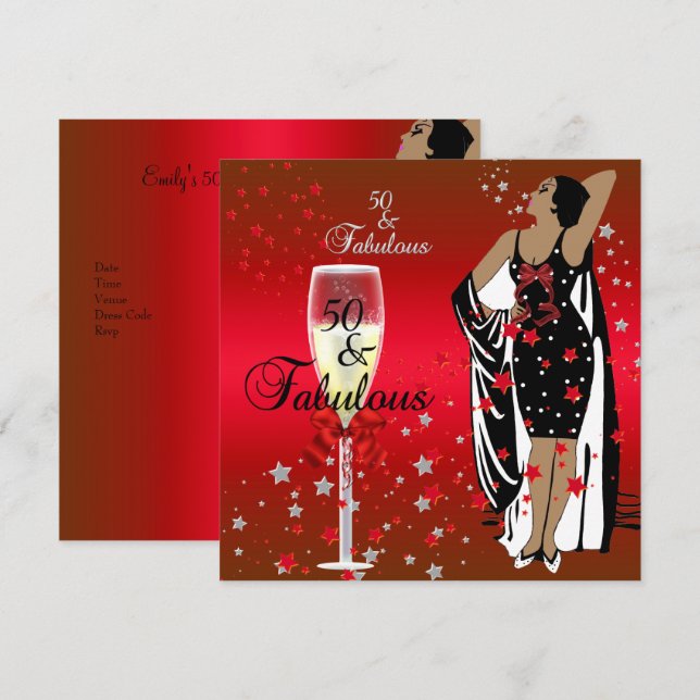 Invitación Fiesta de cumpleaños 50 Retro Diva Art deco Rojo N (Anverso / Reverso)