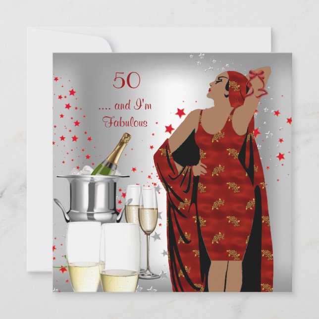 Invitación Fiesta de Cumpleaños 50 Retro Diva Art Deco Rojo P (Anverso)