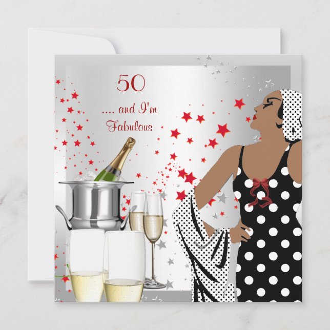 Invitación Fiesta de Cumpleaños 50 Retro Diva Art Deco Rojo P (Anverso)