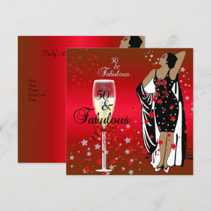 Invitación Fiesta de Cumpleaños 50 Retro Diva Arte Deco Rojo 