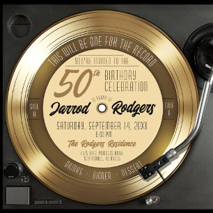 Invitación Fiesta de cumpleaños 50 Retro Gold Black disco de