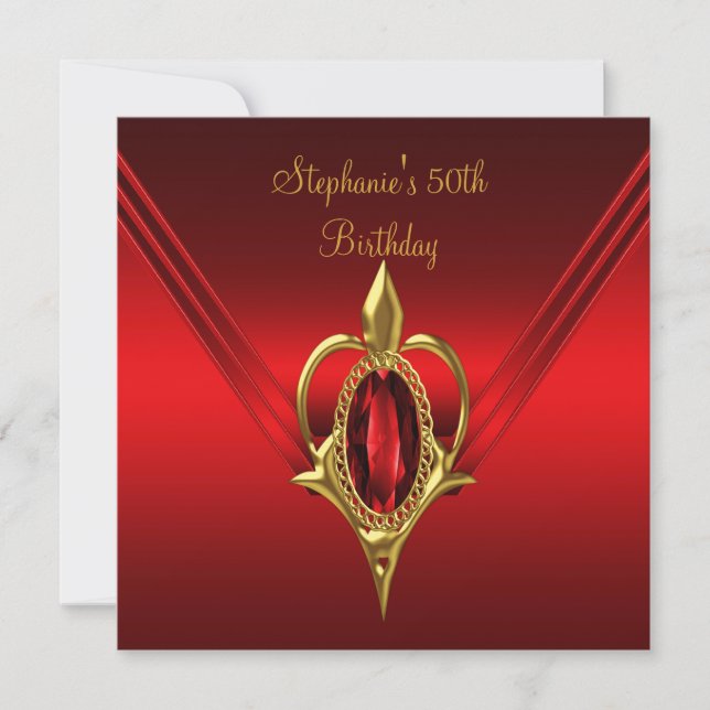 Invitación Fiesta de cumpleaños 50 Rich Red Silk Gold Diamond (Anverso)