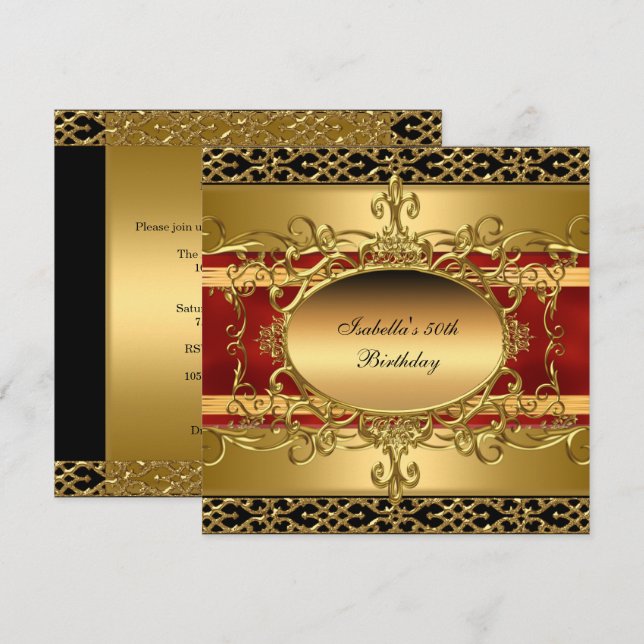 Invitación Fiesta de cumpleaños 50 Rich Rojo Dorado Florece (Anverso / Reverso)