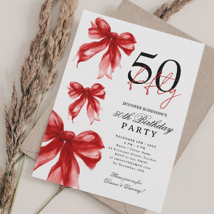 Invitación Fiesta de Cumpleaños 50 Rojo con Lazo Coquette de