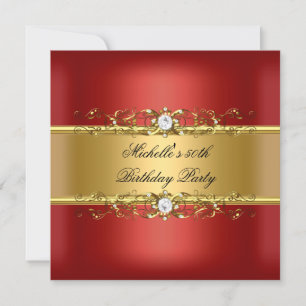 Invitación Fiesta de Cumpleaños 50 Rojo Oro Diamante Joya 50