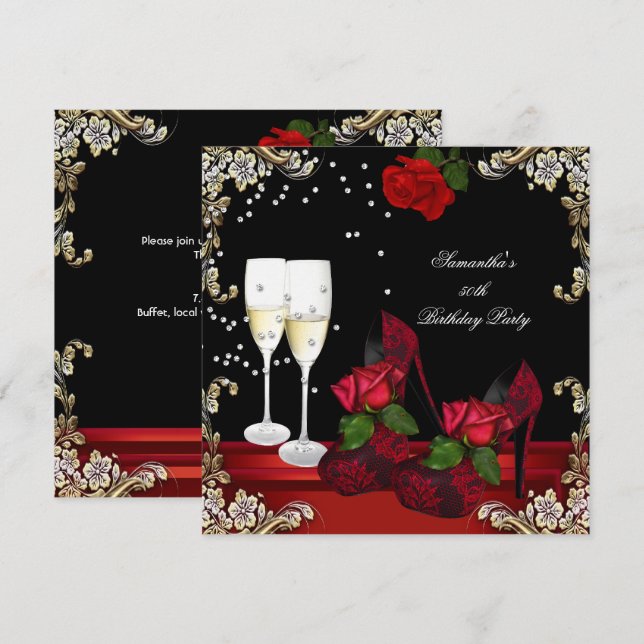 Invitación Fiesta de cumpleaños 50 rojo rosa champán dorado (Anverso / Reverso)