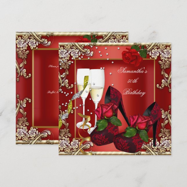 Invitación Fiesta de cumpleaños 50 rojo rosa oro floral (Anverso / Reverso)