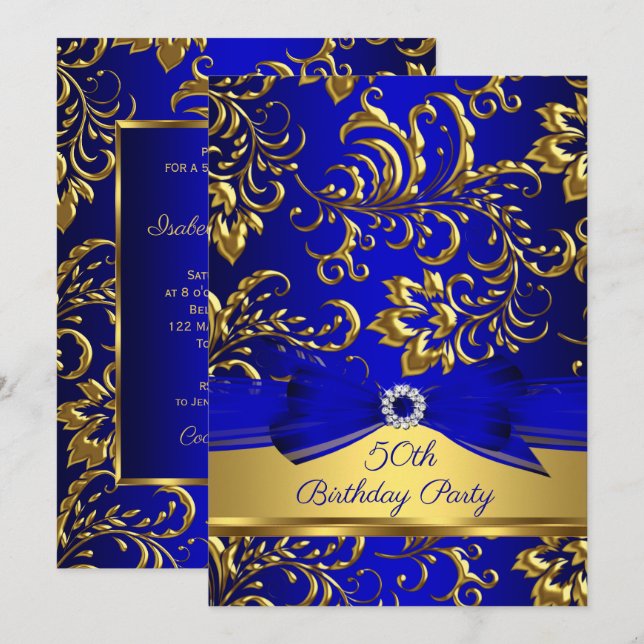 Invitación fiesta de cumpleaños 50 Royal Blue Gold Damask (Anverso / Reverso)