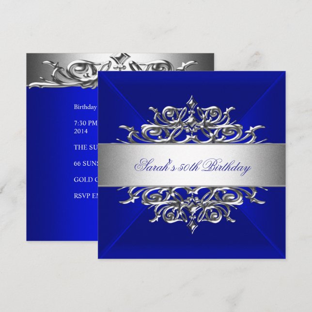 Invitación Fiesta de Cumpleaños 50 Royal Blue Sobre Plata (Anverso / Reverso)