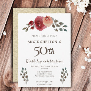 Invitación Fiesta de Cumpleaños 50 Rustica con Rosas de Acuar