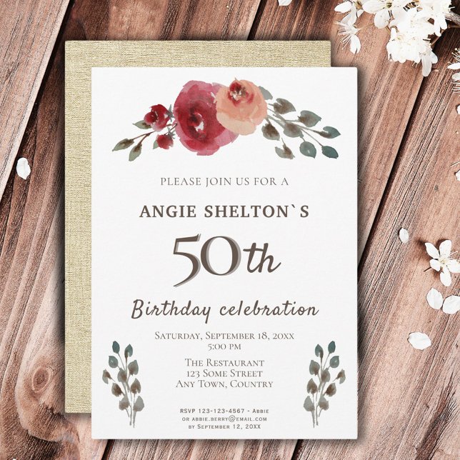 Invitación Fiesta de Cumpleaños 50 Rustica con Rosas de Acuar (Subido por el creador)