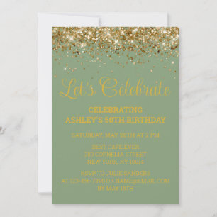 Invitación Fiesta de cumpleaños 50 Sage Green y Gold Glitter