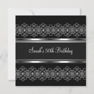 Invitación Fiesta de cumpleaños 50 Silver on Silver Lace Blac