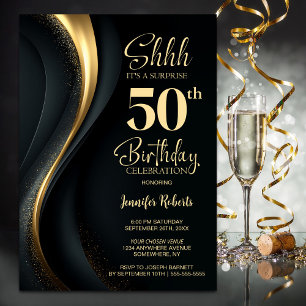 Invitación Fiesta de Cumpleaños 50 Sorpresa de Negro y Dorado