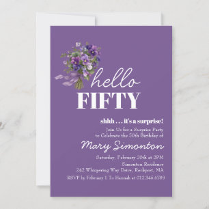Invitación FIESTA DE CUMPLEAÑOS 50 Sorpresa Ramo Floral Púrpu