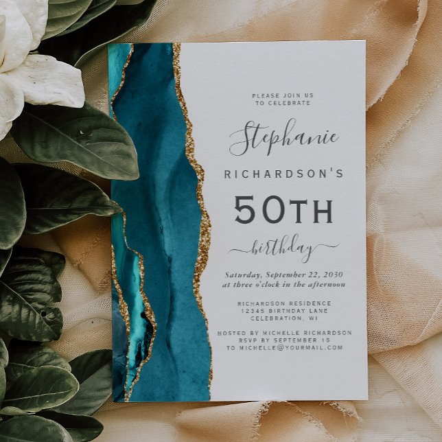 Invitación Fiesta de cumpleaños 50 Teal Blue Gold Agata (Subido por el creador)