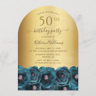 Invitación Fiesta de cumpleaños 50 Teal Rose Floral Gold