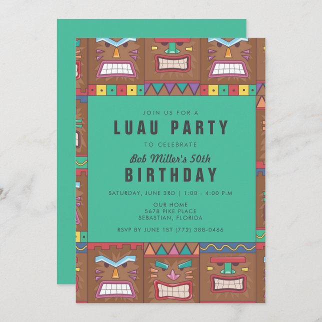 Invitación Fiesta de cumpleaños 50 Tiki Mask Luau (Anverso / Reverso)