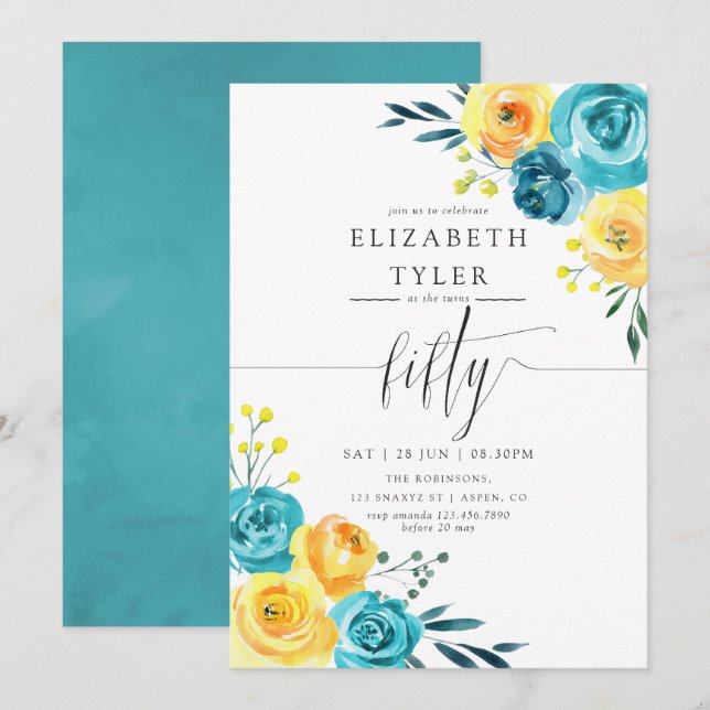 Invitación Fiesta de cumpleaños 50 Turquesa y Amarillo Floral (Anverso / Reverso)