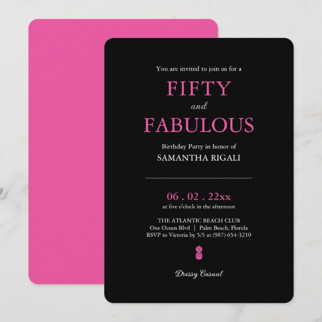 Invitación Fiesta de Cumpleaños 50 Typografía Moderna Rosa (Anverso / Reverso)