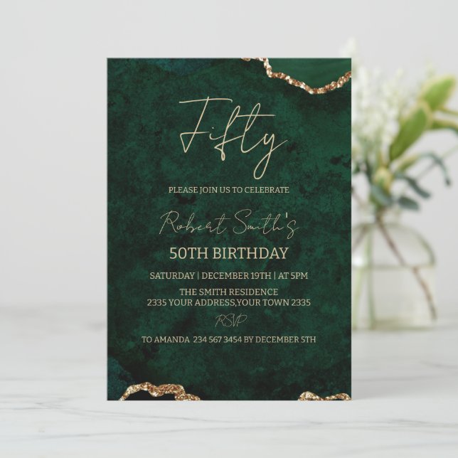 Invitación Fiesta de cumpleaños 50 Verde Agata y Oro (Anverso de pie)