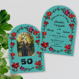 Invitación Fiesta de Cumpleaños 50 Verde Caprichoso Flores de