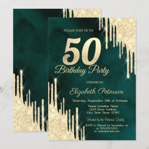 Invitación Fiesta de Cumpleaños 50 Verde con Drips de Purpuri