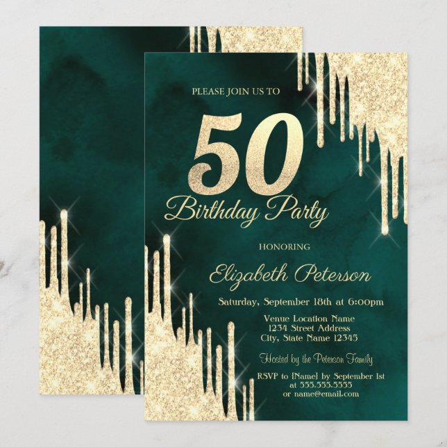 Invitación Fiesta de Cumpleaños 50 Verde con Drips de Purpuri (Anverso / Reverso)