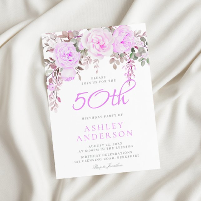 Invitación Fiesta de cumpleaños 50 Violeta Floral de Lavanda  (Subido por el creador)