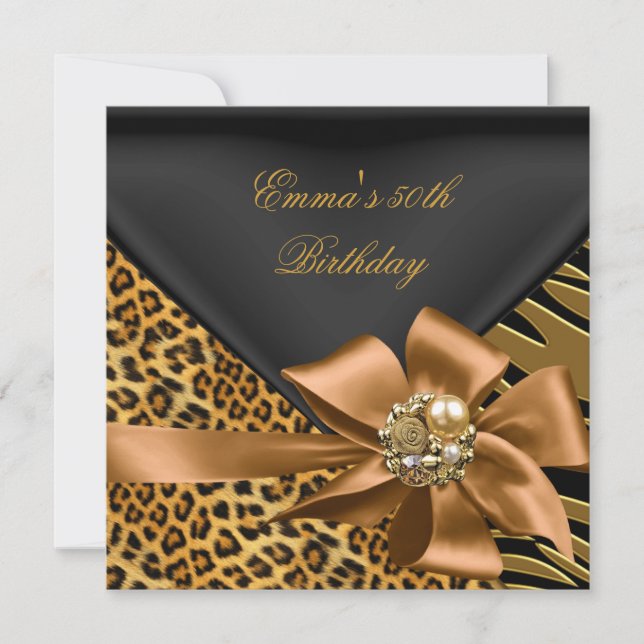 Invitación Fiesta de Cumpleaños 50th Cebra Leopardo Dorado Ne (Anverso)