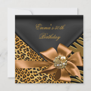 Invitación Fiesta de Cumpleaños 50th Cebra Leopardo Dorado Ne