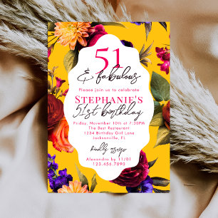 Invitación Fiesta de Cumpleaños 51 Amarillo Floral 51 & Fabul
