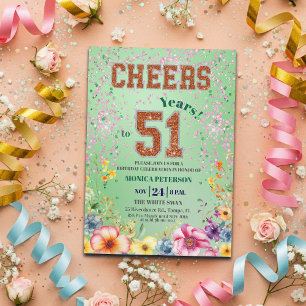 Invitación Fiesta de cumpleaños 51 con flores brillantes de e