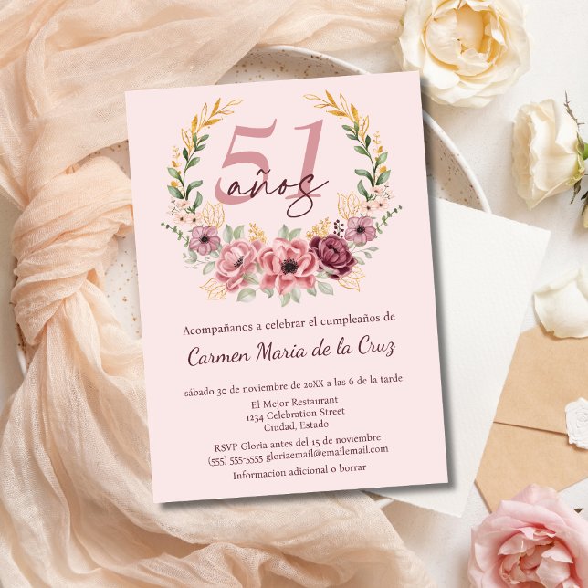 Invitación Fiesta de Cumpleaños 51 Elegante Rosa Español Flor (Subido por el creador)