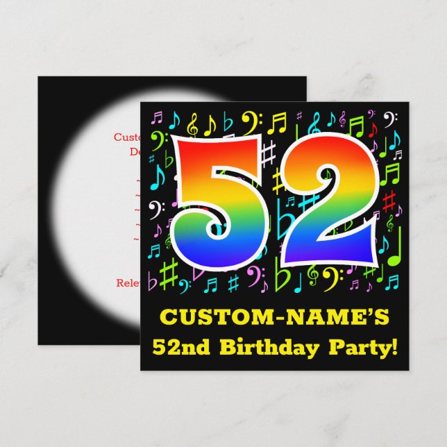 Invitación Fiesta de cumpleaños 52: Símbolos musicales divert (Anverso / Reverso)