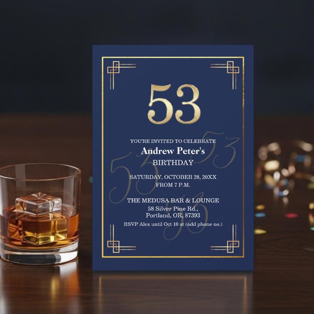 Invitación Fiesta de cumpleaños 53 elegante azul oro (Subido por el creador)
