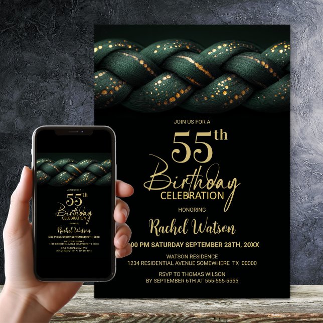 Invitación Fiesta de cumpleaños 55º Braid de Oro Verde (Subido por el creador)