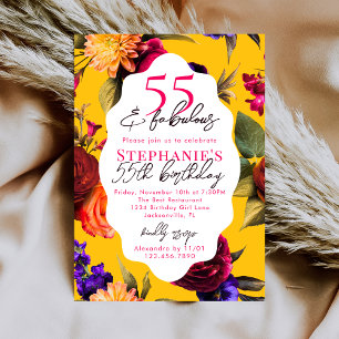 Invitación Fiesta de Cumpleaños 55 Amarillo Floral 55 & Fabul