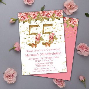 Invitación Fiesta de cumpleaños 55 con flores rosadas y brill