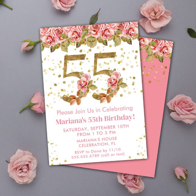 Invitación Fiesta de cumpleaños 55 con flores rosadas y brill (Subido por el creador)