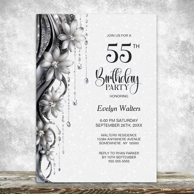 Invitación Fiesta de cumpleaños 55 con flores y diamantes (Subido por el creador)