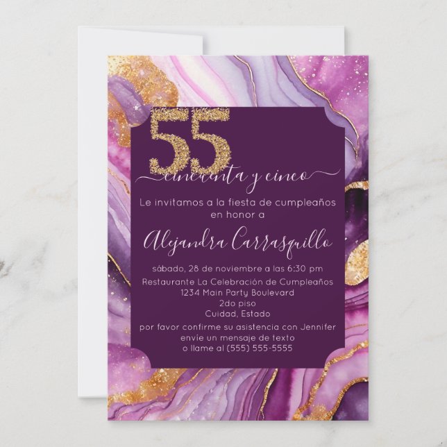 Invitación Fiesta de Cumpleaños 55 de Agata Sofisticada Españ (Anverso)