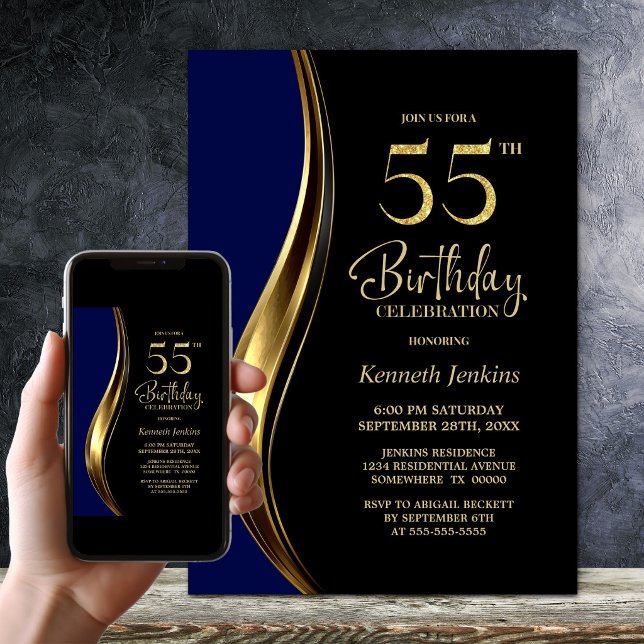 Invitación Fiesta de Cumpleaños 55 de Black Gold Blue (Subido por el creador)
