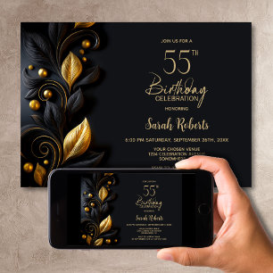 Invitación Fiesta de cumpleaños 55 de hojas negras y doradas
