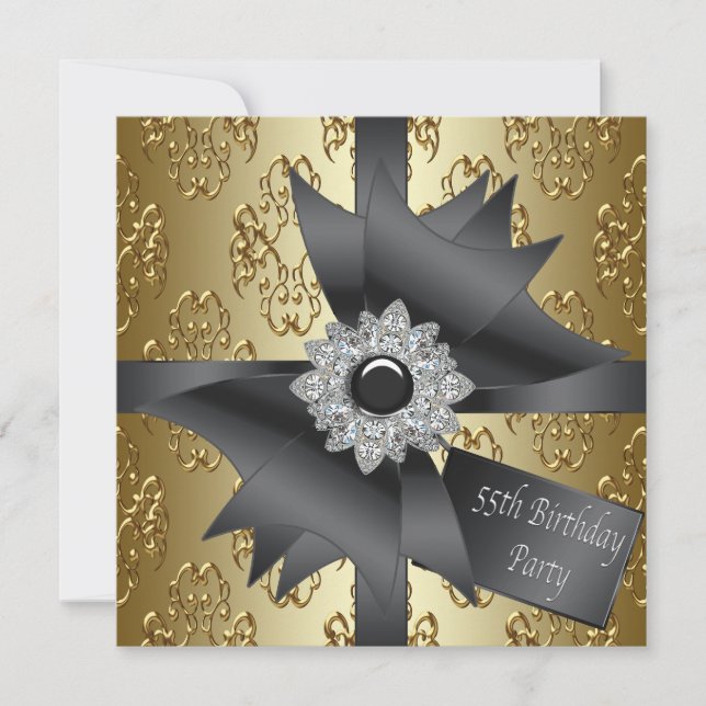 Invitación Fiesta de cumpleaños 55 de oro negro para mujeres  (Anverso)